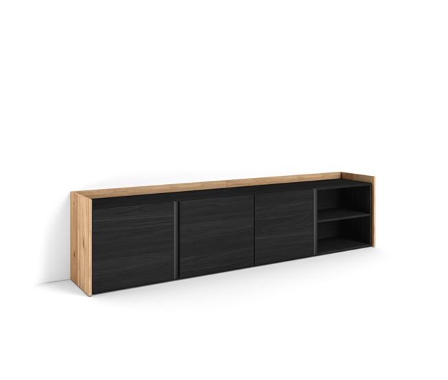 Mueble tv, televisión, muebles de salón, almacenaje, 207x35x50 cm, para tv hasta 80", con almacenamiento, estilo moderno, negro y roble
