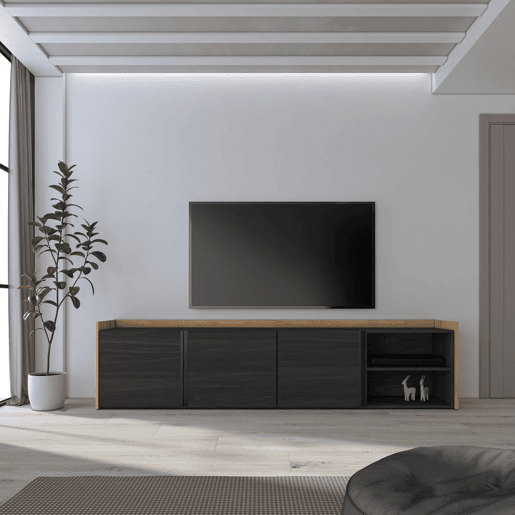 Móvel de TV, Muito espaço de arrumação, 207x35x50 cm, Para televisores até 80, Estante para TV, Estilo moderno, Preto e Carvalho