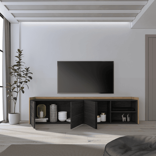 Móvel de TV, Muito espaço de arrumação, 207x35x50 cm, Para televisores até 80, Estante para TV, Estilo moderno, Preto e Carvalho