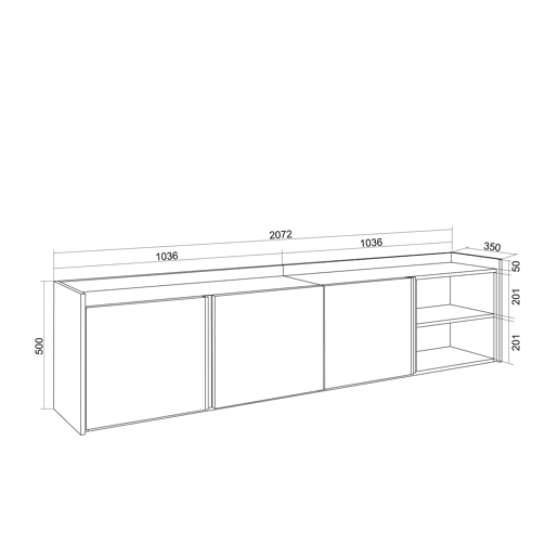 Móvel de TV, Muito espaço de arrumação, 207x35x50 cm, Para televisores até 80, Estante para TV, Estilo moderno, Preto e Carvalho