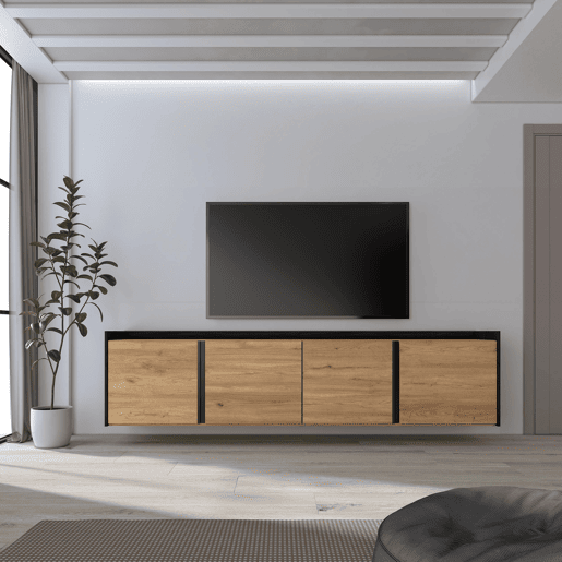 Móvel de TV, Muito espaço de arrumação, 207x35x50 cm, Para televisores até 80, Suspensos, Estilo moderno, Carvalho e preto Móvel de TV, Muito espaço de arrumação, 207x35x50 cm, Para televisores até 80, Suspensos, Estilo moderno, Carvalho e preto