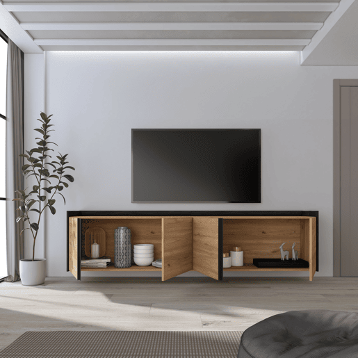 Móvel de TV, Muito espaço de arrumação, 207x35x50 cm, Para televisores até 80, Suspensos, Estilo moderno, Carvalho e preto Móvel de TV, Muito espaço de arrumação, 207x35x50 cm, Para televisores até 80, Suspensos, Estilo moderno, Carvalho e preto