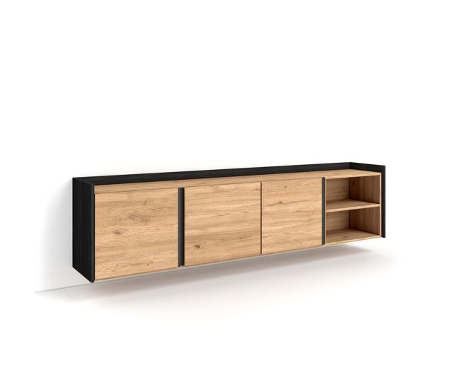 Mueble tv, televisión, muebles de salón, almacenaje, 207x35x50 cm, para tv hasta 80", colgado, suspendido, estilo moderno, roble y negro