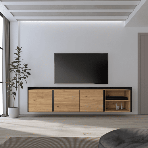 Móvel de TV, Muito espaço de arrumação, 207x35x50 cm, Para televisores até 80, Suspensos, Estilo moderno, Carvalho e preto Móvel de TV, Muito espaço de arrumação, 207x35x50 cm, Para televisores até 80, Suspensos, Estilo moderno, Carvalho e preto