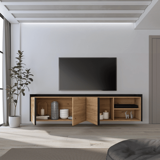 Móvel de TV, Muito espaço de arrumação, 207x35x50 cm, Para televisores até 80, Suspensos, Estilo moderno, Carvalho e preto Móvel de TV, Muito espaço de arrumação, 207x35x50 cm, Para televisores até 80, Suspensos, Estilo moderno, Carvalho e preto