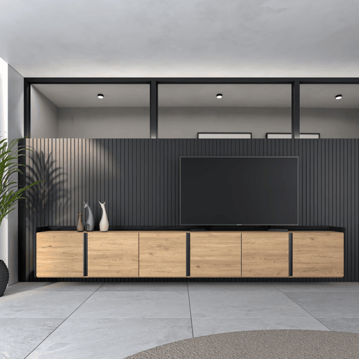 Móvel de TV, Muito espaço de arrumação, 309x35x50 cm, Para televisores até 80, Suspensos, Estilo moderno, Carvalho e preto Móvel de TV, Muito espaço de arrumação, 309x35x50 cm, Para televisores até 80, Suspensos, Estilo moderno, Carvalho e preto