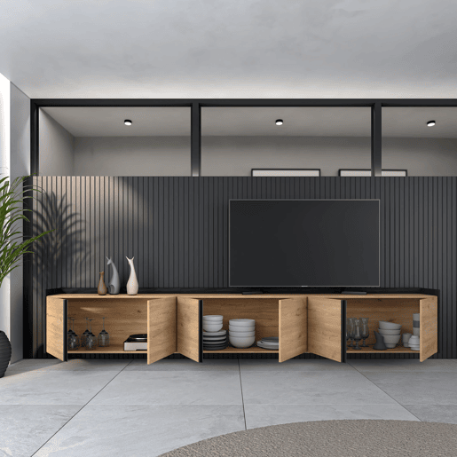 Móvel de TV, Muito espaço de arrumação, 309x35x50 cm, Para televisores até 80, Suspensos, Estilo moderno, Carvalho e preto Móvel de TV, Muito espaço de arrumação, 309x35x50 cm, Para televisores até 80, Suspensos, Estilo moderno, Carvalho e preto