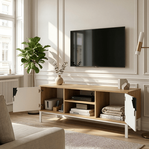 Móvel de televisão Kerrköndam 2 portas e 2 compartimentos 120x40x46cm CarvalhoBranco en.casa Móvel de televisão Kerrköndam 2 portas e 2 compartimentos 120x40x46cm CarvalhoBranco en.casa