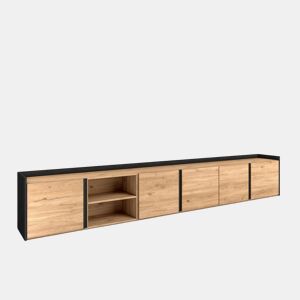 Móvel de TV, Muito espaço de arrumação, 309x35x50 cm, Para televisores até 80, Estante para TV, Estilo moderno, Carvalho e preto