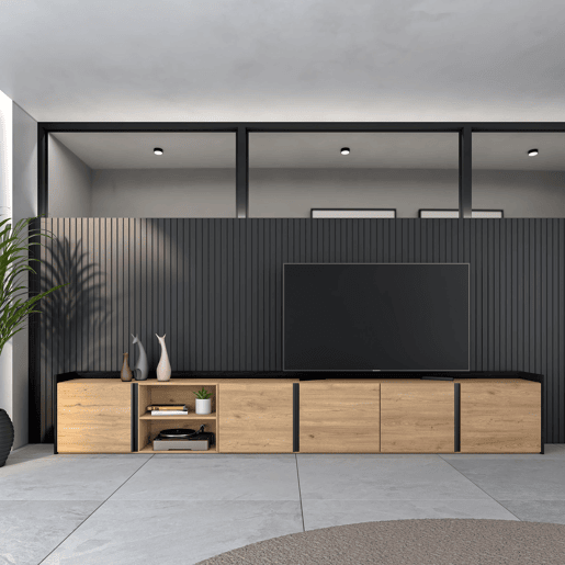 Móvel de TV, Muito espaço de arrumação, 309x35x50 cm, Para televisores até 80, Estante para TV, Estilo moderno, Carvalho e preto Móvel de TV, Muito espaço de arrumação, 309x35x50 cm, Para televisores até 80, Estante para TV, Estilo moderno, Carvalho e preto