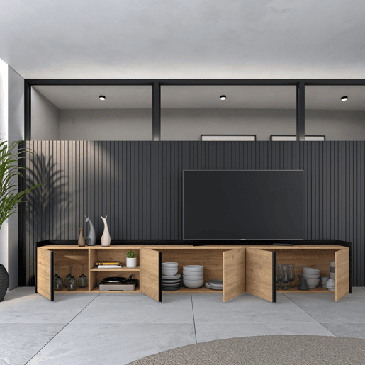 Móvel de TV, Muito espaço de arrumação, 309x35x50 cm, Para televisores até 80, Estante para TV, Estilo moderno, Carvalho e preto Móvel de TV, Muito espaço de arrumação, 309x35x50 cm, Para televisores até 80, Estante para TV, Estilo moderno, Carvalho e preto