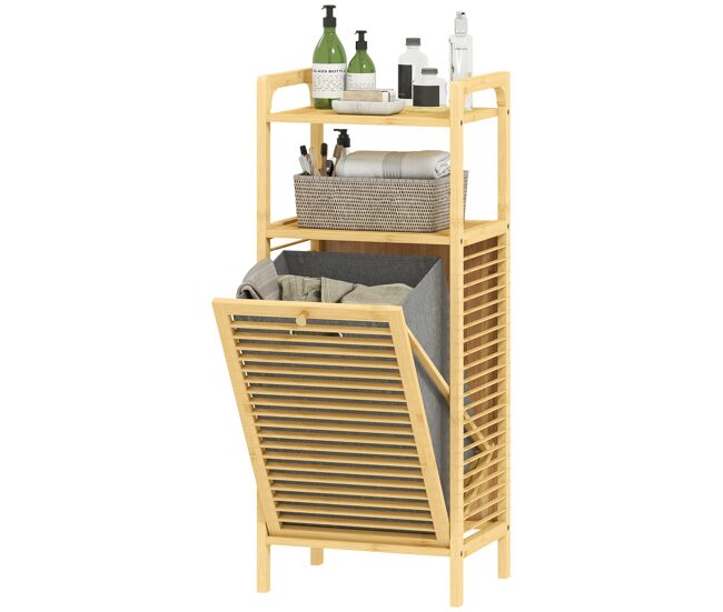 Armario de baño estrecho de bambú con 2 estantes abiertos cesto extraíble y diseño con listones 40x30x95 cm natural