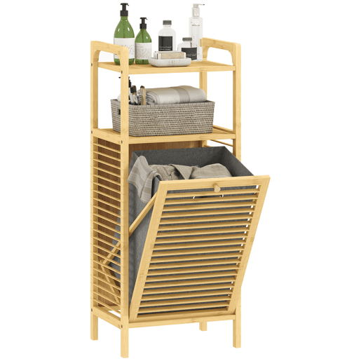 Armário de banheiro estreito em bambu com 2 prateleiras abertas, cesto removível e design ripado, 40x30x95 cm, natural Armário de banheiro estreito em bambu com 2 prateleiras abertas, cesto removível e design ripado, 40x30x95 cm, natural