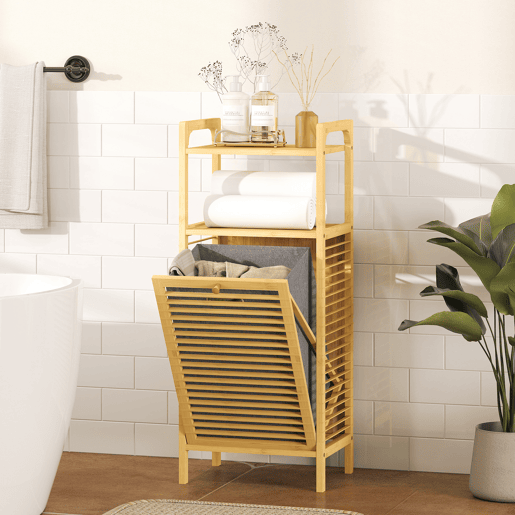 Armário de banheiro estreito em bambu com 2 prateleiras abertas, cesto removível e design ripado, 40x30x95 cm, natural Armário de banheiro estreito em bambu com 2 prateleiras abertas, cesto removível e design ripado, 40x30x95 cm, natural