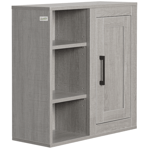 Armário de banheiro suspenso com 3 prateleiras abertas e 1 porta, móvel auxiliar moderno para pendurar, 48x20x50 cm, cinza Armário de banheiro suspenso com 3 prateleiras abertas e 1 porta, móvel auxiliar moderno para pendurar, 48x20x50 cm, cinza