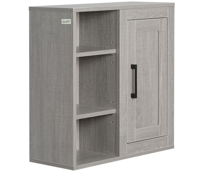 Armario de baño de pared con 3 estantes abiertos y 1 puerta mueble auxiliar suspendido moderno 48x20x50 cm gris