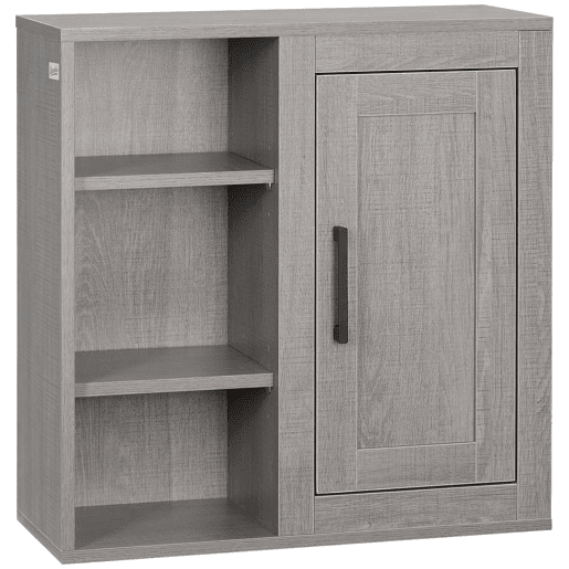 Armário de banheiro suspenso com 3 prateleiras abertas e 1 porta, móvel auxiliar moderno para pendurar, 48x20x50 cm, cinza Armário de banheiro suspenso com 3 prateleiras abertas e 1 porta, móvel auxiliar moderno para pendurar, 48x20x50 cm, cinza