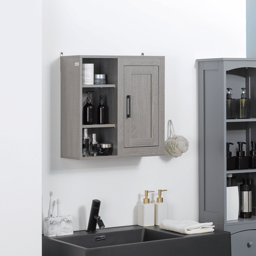 Armário de banheiro suspenso com 3 prateleiras abertas e 1 porta, móvel auxiliar moderno para pendurar, 48x20x50 cm, cinza Armário de banheiro suspenso com 3 prateleiras abertas e 1 porta, móvel auxiliar moderno para pendurar, 48x20x50 cm, cinza