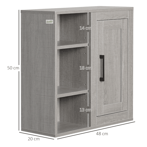 Armário de banheiro suspenso com 3 prateleiras abertas e 1 porta, móvel auxiliar moderno para pendurar, 48x20x50 cm, cinza Armário de banheiro suspenso com 3 prateleiras abertas e 1 porta, móvel auxiliar moderno para pendurar, 48x20x50 cm, cinza