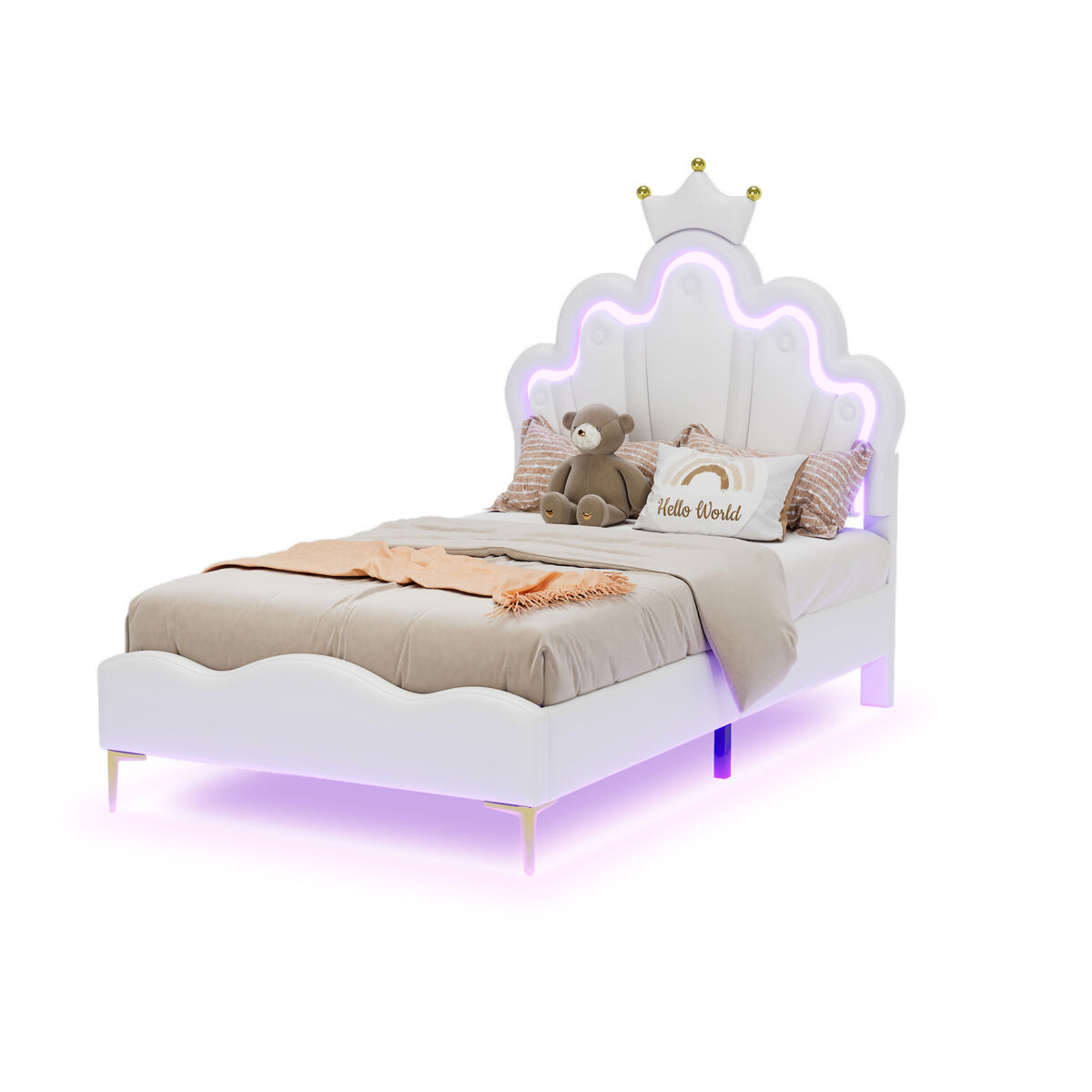 Cama princesa blanca 90x190 cm tapizada piel pu, cabecero en forma de corona