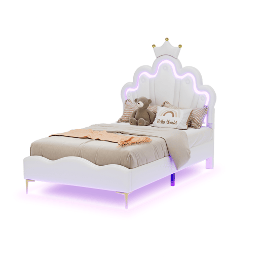 Cama princesa branca 90x190 cm estofada pele PU, cabeceira em formato de coroa