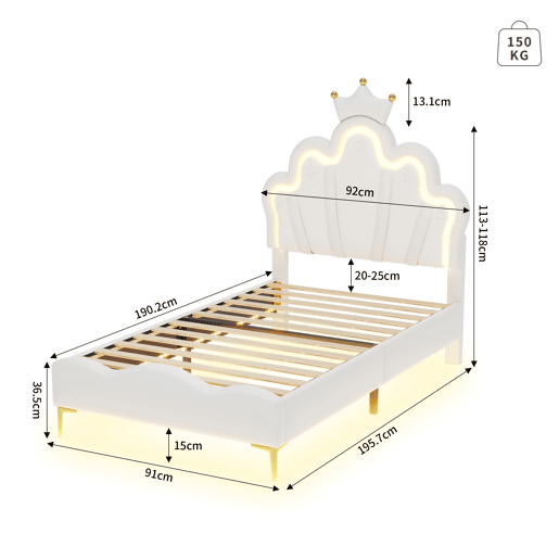 Cama princesa branca 90x190 cm estofada pele PU, cabeceira em formato de coroa