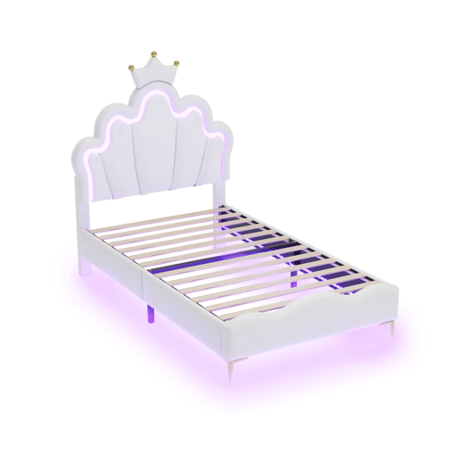 Cama princesa branca 90x190 cm estofada pele PU, cabeceira em formato de coroa