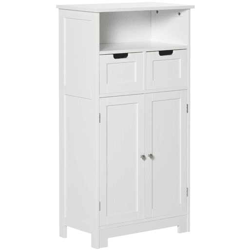 Armário de banheiro com 2 portas, prateleira ajustável, 2 gavetas e compartimento aberto, móvel auxiliar para armazenamento em salas de estar e cozinhas, 60x30x108,8 cm, branco Armário de banheiro com 2 portas, prateleira ajustável, 2 gavetas e compartimento aberto, móvel auxiliar para armazenamento em salas de estar e cozinhas, 60x30x108,8 cm, branco