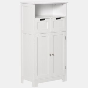 Armário de banheiro com 2 portas, prateleira ajustável, 2 gavetas e compartimento aberto, móvel auxiliar para armazenamento em salas de estar e cozinhas, 60x30x108,8 cm, branco