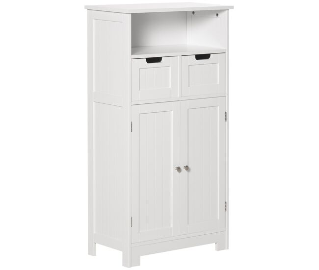 Armario de baño con 2 puertas estante ajustable 2 cajones y compartimento abierto mueble auxiliar de almacenaje para salón cocina 60x30x108,8 cm