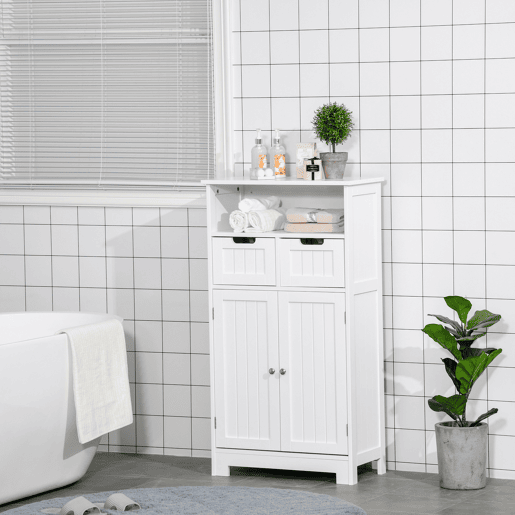 Armário de banheiro com 2 portas, prateleira ajustável, 2 gavetas e compartimento aberto, móvel auxiliar para armazenamento em salas de estar e cozinhas, 60x30x108,8 cm, branco Armário de banheiro com 2 portas, prateleira ajustável, 2 gavetas e compartimento aberto, móvel auxiliar para armazenamento em salas de estar e cozinhas, 60x30x108,8 cm, branco