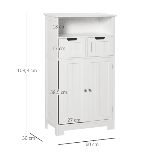 Armário de banheiro com 2 portas, prateleira ajustável, 2 gavetas e compartimento aberto, móvel auxiliar para armazenamento em salas de estar e cozinhas, 60x30x108,8 cm, branco Armário de banheiro com 2 portas, prateleira ajustável, 2 gavetas e compartimento aberto, móvel auxiliar para armazenamento em salas de estar e cozinhas, 60x30x108,8 cm, branco
