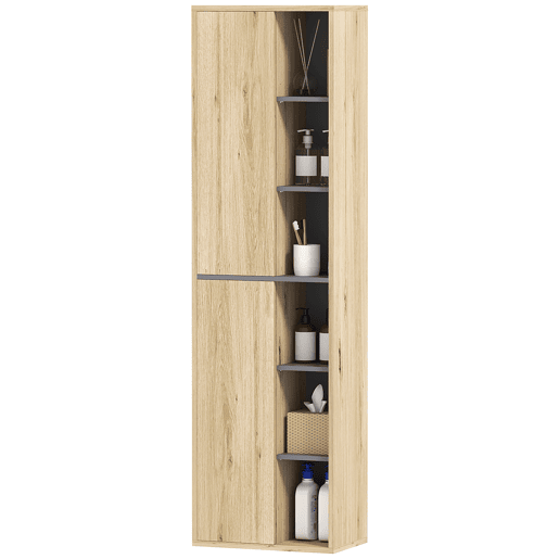 Armário de parede para banheiro com coluna, compartimentos abertos e 2 portas, 40x24x141,5 cm, natural Armário de parede para banheiro com coluna, compartimentos abertos e 2 portas, 40x24x141,5 cm, natural