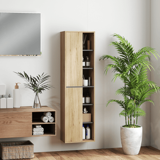 Armário de parede para banheiro com coluna, compartimentos abertos e 2 portas, 40x24x141,5 cm, natural Armário de parede para banheiro com coluna, compartimentos abertos e 2 portas, 40x24x141,5 cm, natural