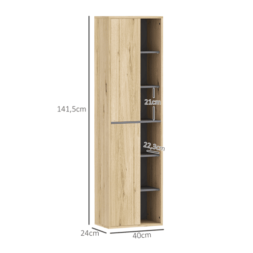 Armário de parede para banheiro com coluna, compartimentos abertos e 2 portas, 40x24x141,5 cm, natural Armário de parede para banheiro com coluna, compartimentos abertos e 2 portas, 40x24x141,5 cm, natural