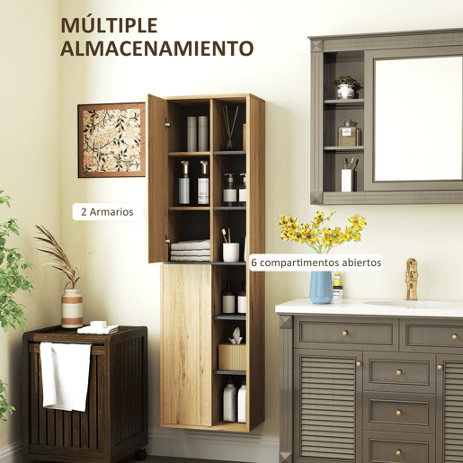 Armário de parede para banheiro com coluna, compartimentos abertos e 2 portas, 40x24x141,5 cm, natural Armário de parede para banheiro com coluna, compartimentos abertos e 2 portas, 40x24x141,5 cm, natural
