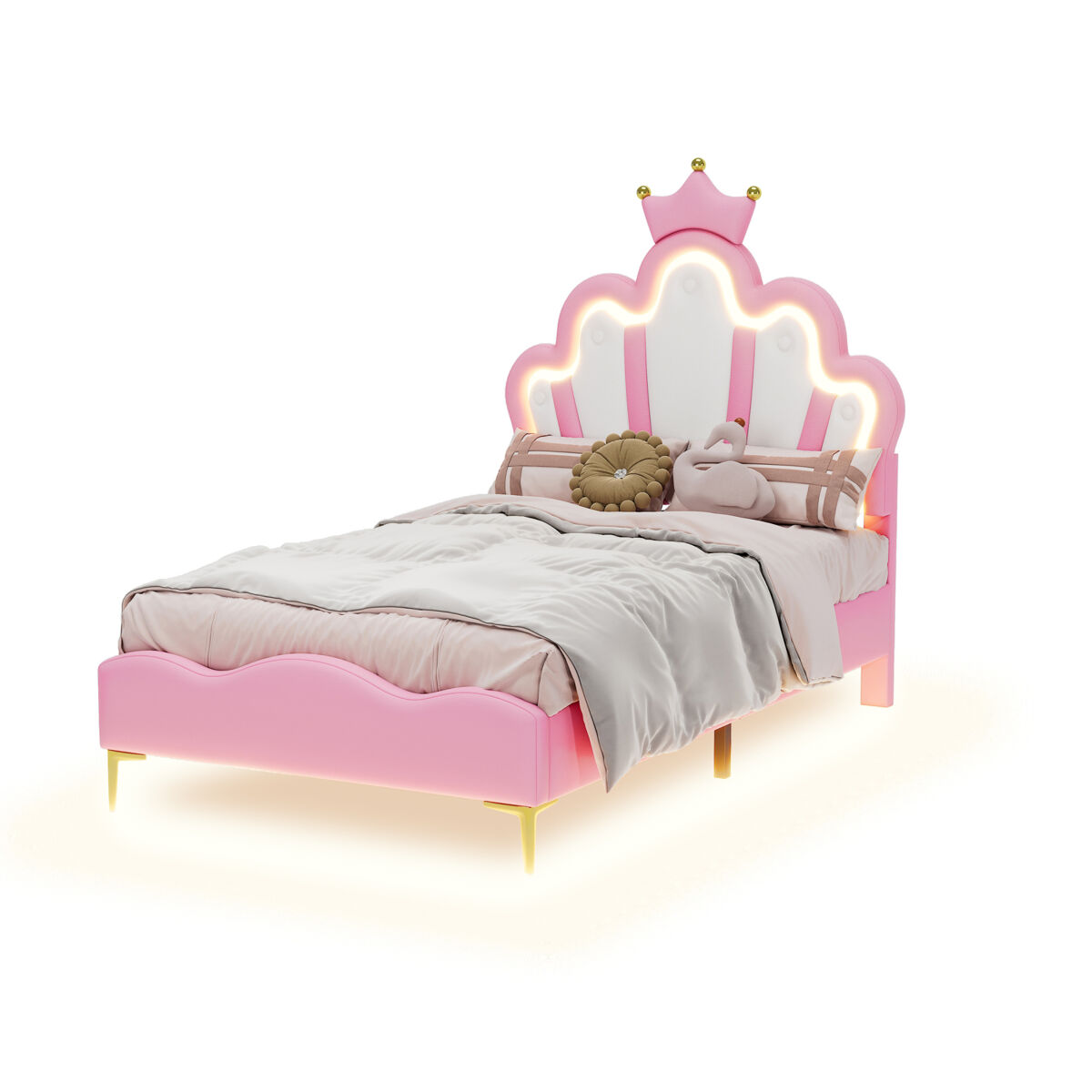 Cama princesa rosa 90x190 cm tapizada piel pu, cabecero en forma de corona