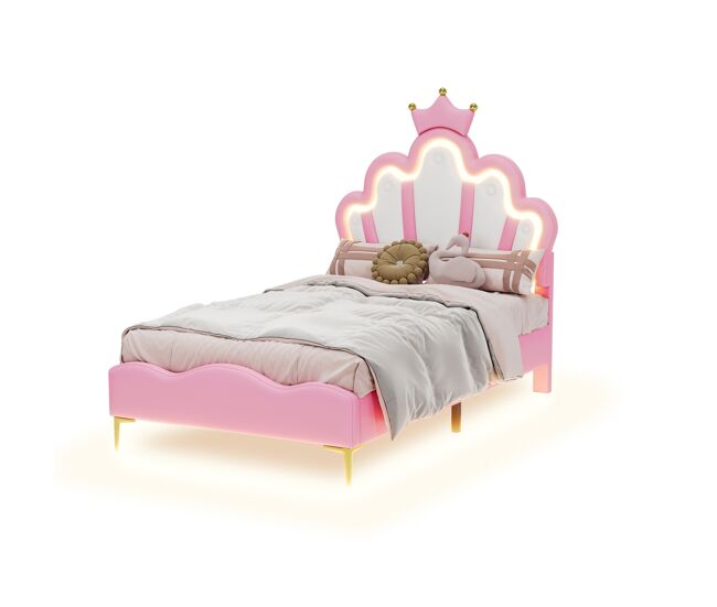 Cama princesa rosa 90x190 cm tapizada piel pu, cabecero en forma de corona