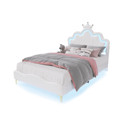 Cama princesa branca 140x190 cm estofada pele PU, cabeceira em formato de coroa Cama princesa branca 140x190 cm estofada pele PU, cabeceira em formato de coroa