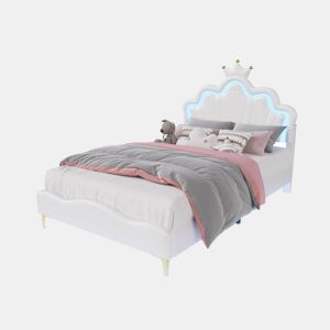 Cama princesa branca 140x190 cm estofada pele PU, cabeceira em formato de coroa