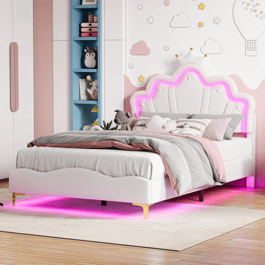 Cama princesa branca 140x190 cm estofada pele PU, cabeceira em formato de coroa Cama princesa branca 140x190 cm estofada pele PU, cabeceira em formato de coroa