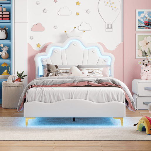 Cama princesa branca 140x190 cm estofada pele PU, cabeceira em formato de coroa Cama princesa branca 140x190 cm estofada pele PU, cabeceira em formato de coroa