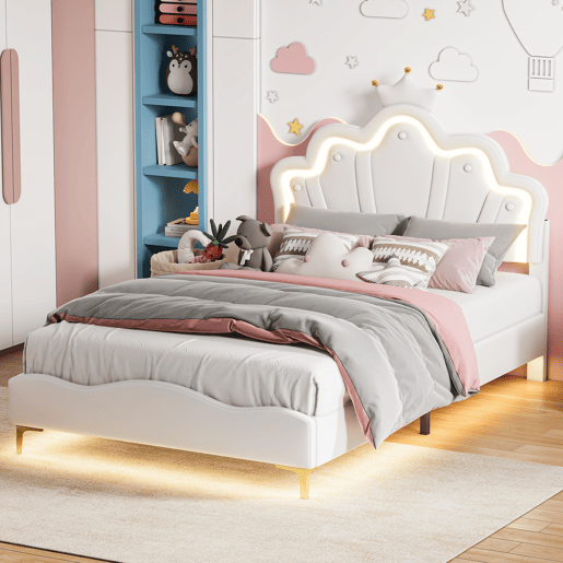 Cama princesa branca 140x190 cm estofada pele PU, cabeceira em formato de coroa Cama princesa branca 140x190 cm estofada pele PU, cabeceira em formato de coroa