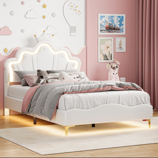 Cama princesa branca 140x190 cm estofada pele PU, cabeceira em formato de coroa Cama princesa branca 140x190 cm estofada pele PU, cabeceira em formato de coroa
