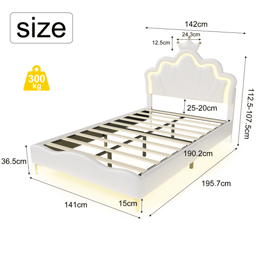 Cama princesa branca 140x190 cm estofada pele PU, cabeceira em formato de coroa Cama princesa branca 140x190 cm estofada pele PU, cabeceira em formato de coroa