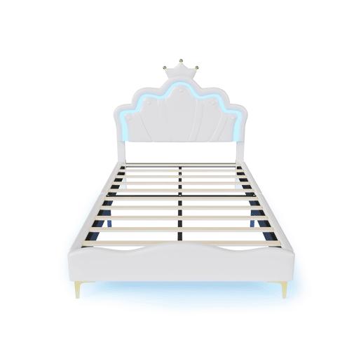 Cama princesa branca 140x190 cm estofada pele PU, cabeceira em formato de coroa Cama princesa branca 140x190 cm estofada pele PU, cabeceira em formato de coroa
