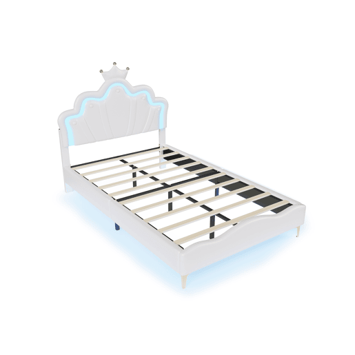 Cama princesa branca 140x190 cm estofada pele PU, cabeceira em formato de coroa Cama princesa branca 140x190 cm estofada pele PU, cabeceira em formato de coroa