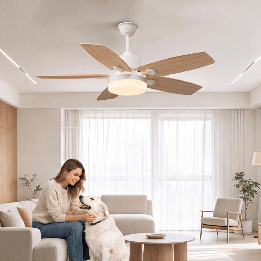 Ventoinha de teto com luz 42 polegadas 5 pás madeira natural, haste regulável, motor DC silencioso com comando à distância Ventoinha de teto com luz 42 polegadas 5 pás madeira natural, haste regulável, motor DC silencioso com comando à distância