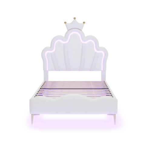 Shopentra Cama infantil 90x200 cm com LED, cabeceira em forma de coroa, estofada em PU, Branco