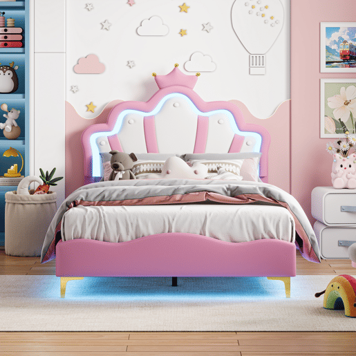 Cama princesa rosa 140x190 cm estofada pele PU, cabeceira em formato de coroa